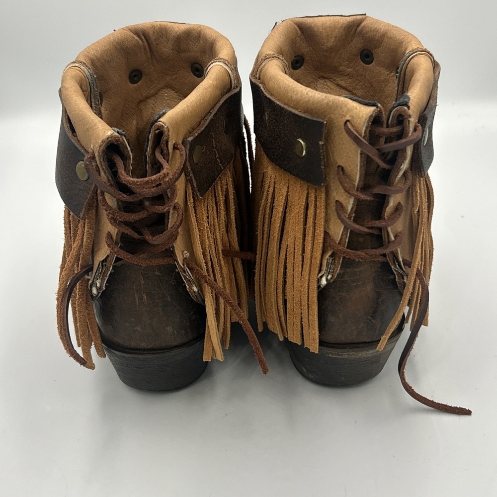 JB Dillion Snip Toe Cross Inlay Fringe Cowgirl Brown Leather Lace Up Western 9B - Picture 3 of 12
